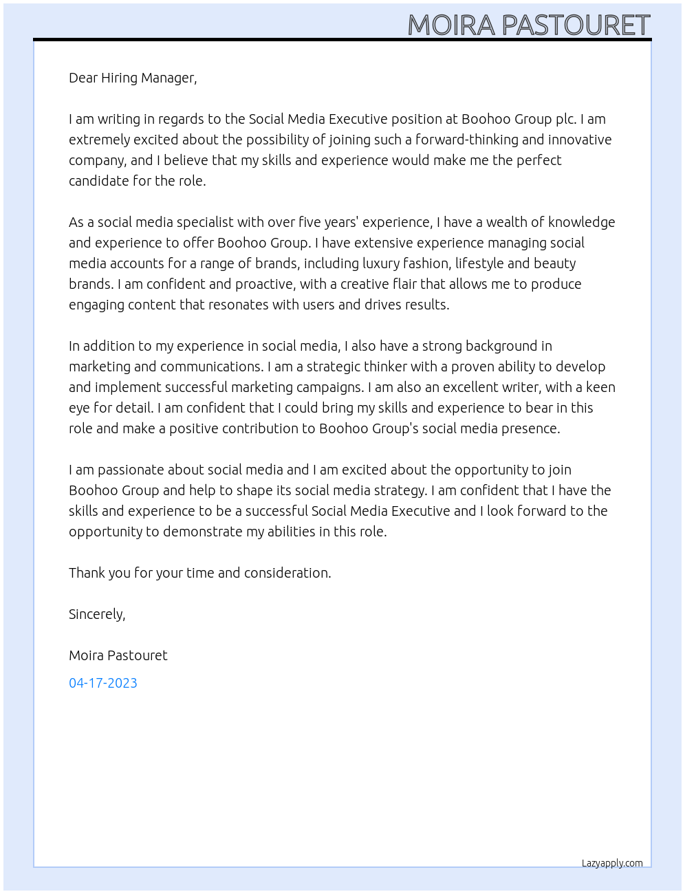 SOCIAL MEDIA EXECUTIVE At BOOHOO GROUP PLC Cover Letter