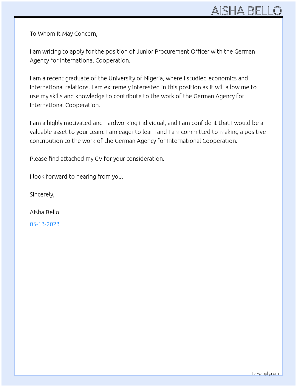 Junior procurement officer  At German agency for international cooperation Cover Letter