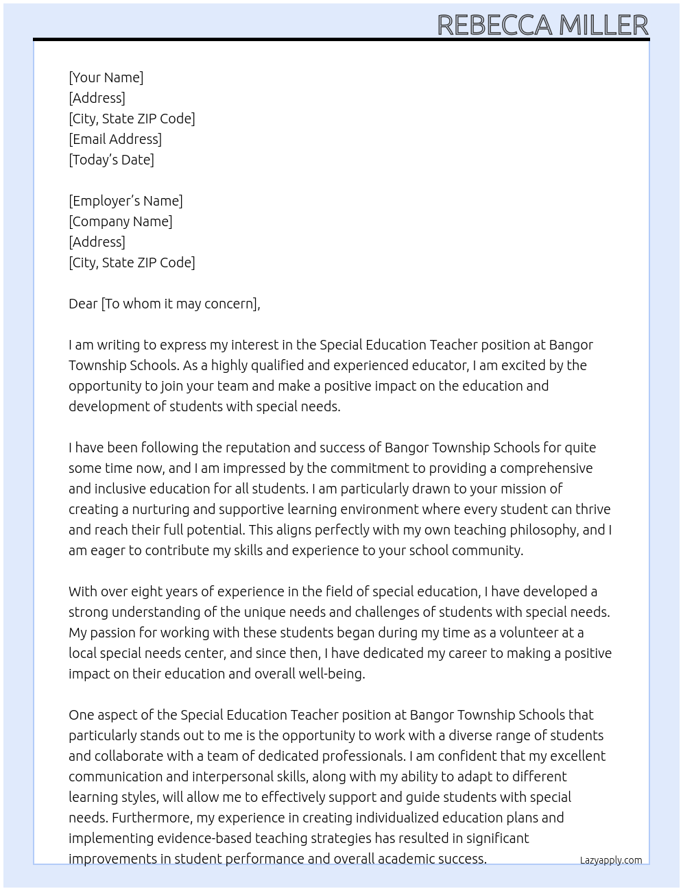 Special Education Teacher At Bangor Township Schools Cover Letter