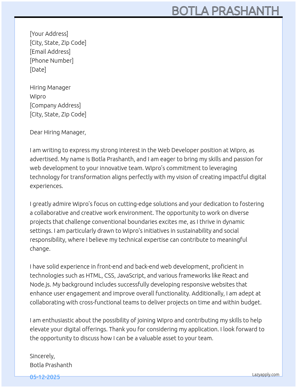 Web developer At Wipro Cover Letter