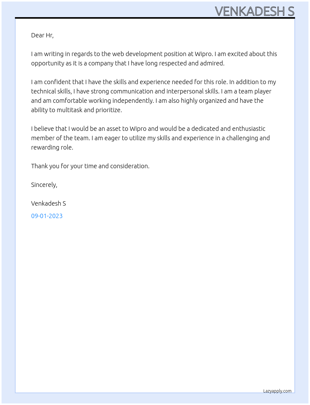 Web Development At Wipro Cover Letter