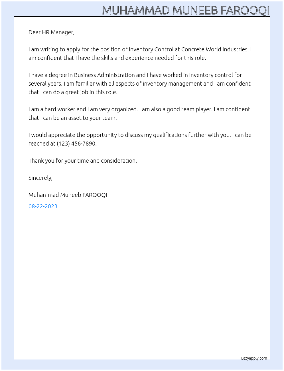 Inventory control  At Concrete world industries  Cover Letter