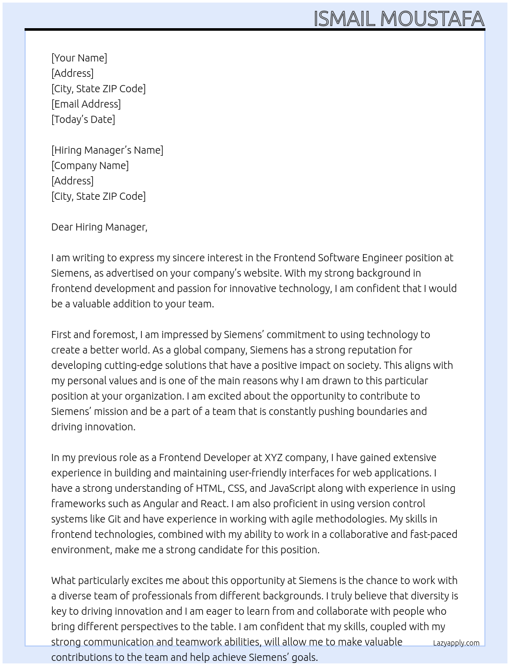Frontend Software Engineer At Siemens Cover Letter