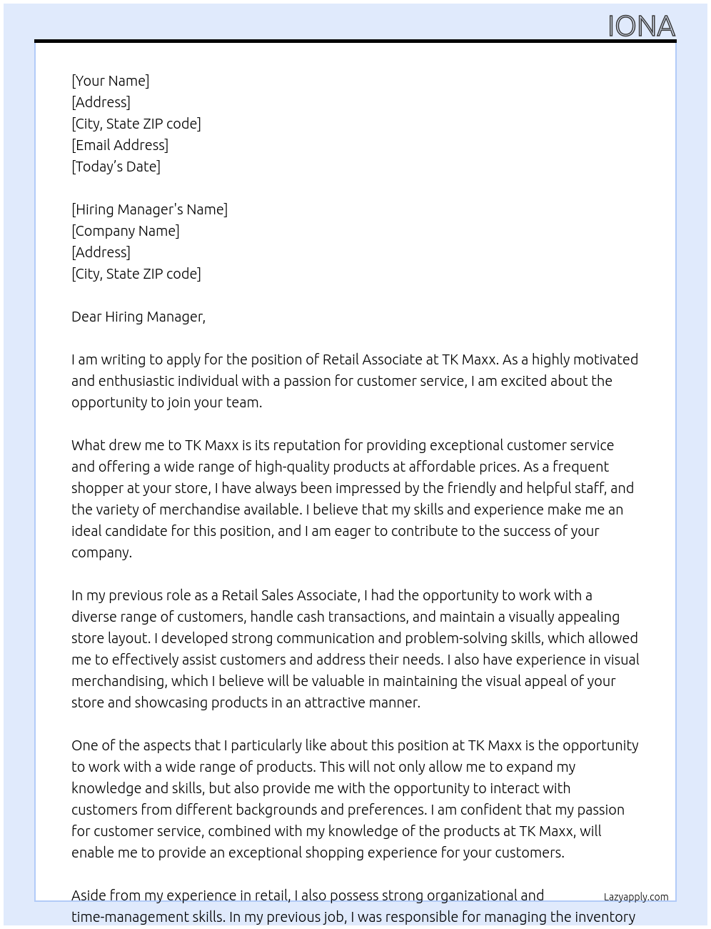 Retail Associate At TK Maxx Cover Letter