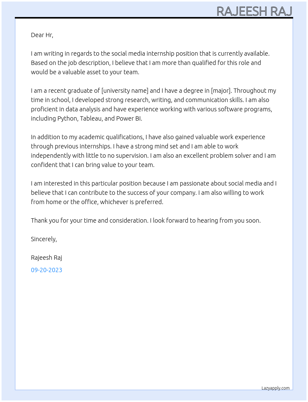 Social media internship At Junior quality tester Cover Letter