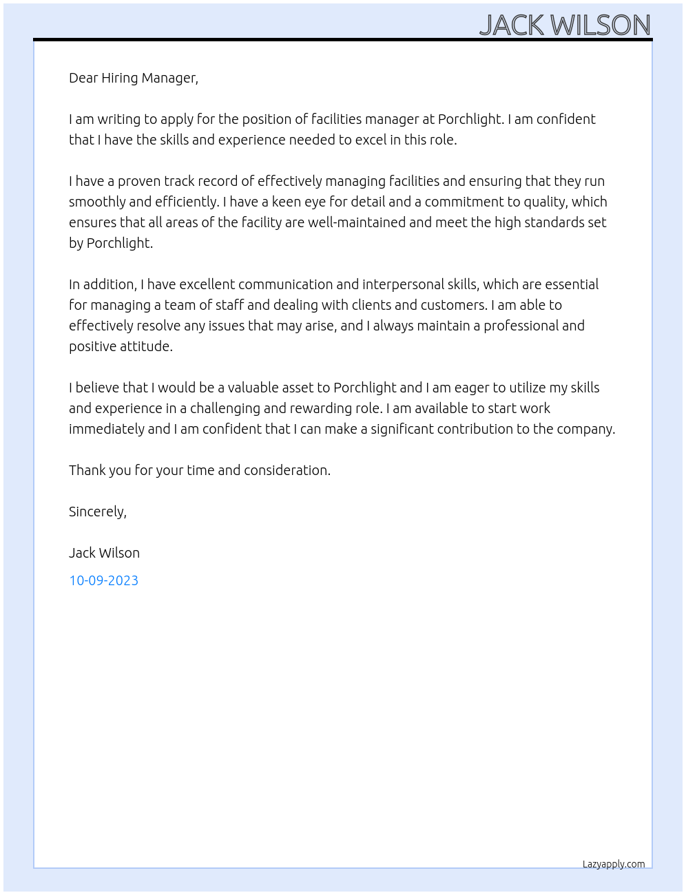 facilities manager At porchlight Cover Letter