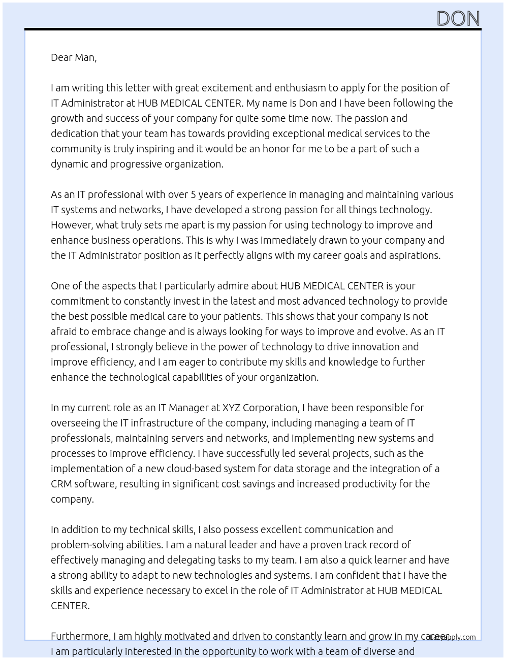 IT Administrator At HUB MEDICAL CENTER Cover Letter