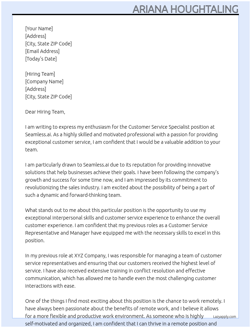 Customer Service Specialist At Seamless.ai Cover Letter