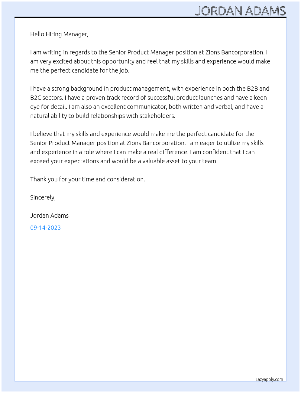 Senior Product Manager At Zions Bancorporation Cover Letter