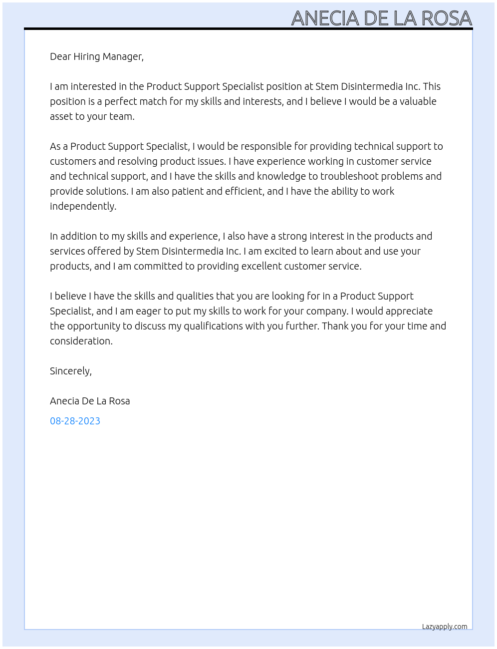 Product Support Specialist At Stem Disintermedia Inc Cover Letter