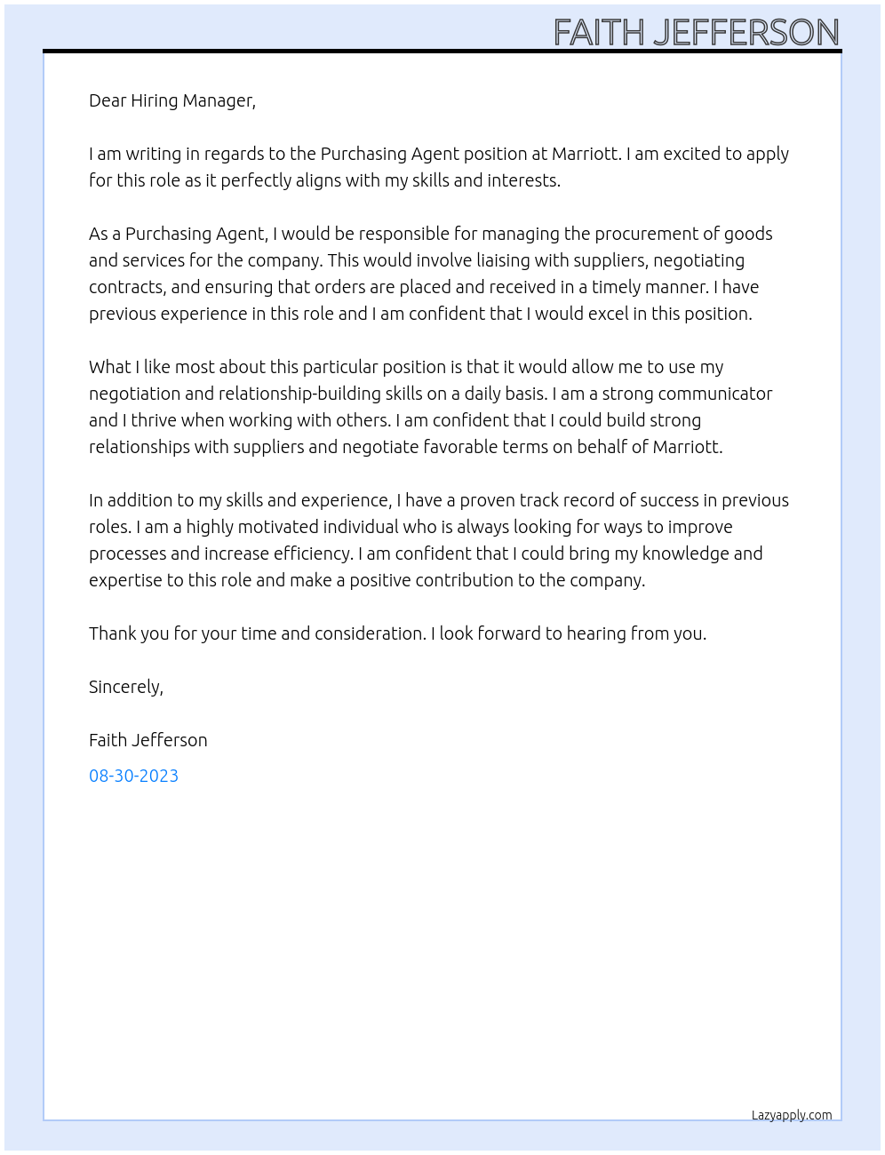Purchasing Agent At Marriott Cover Letter