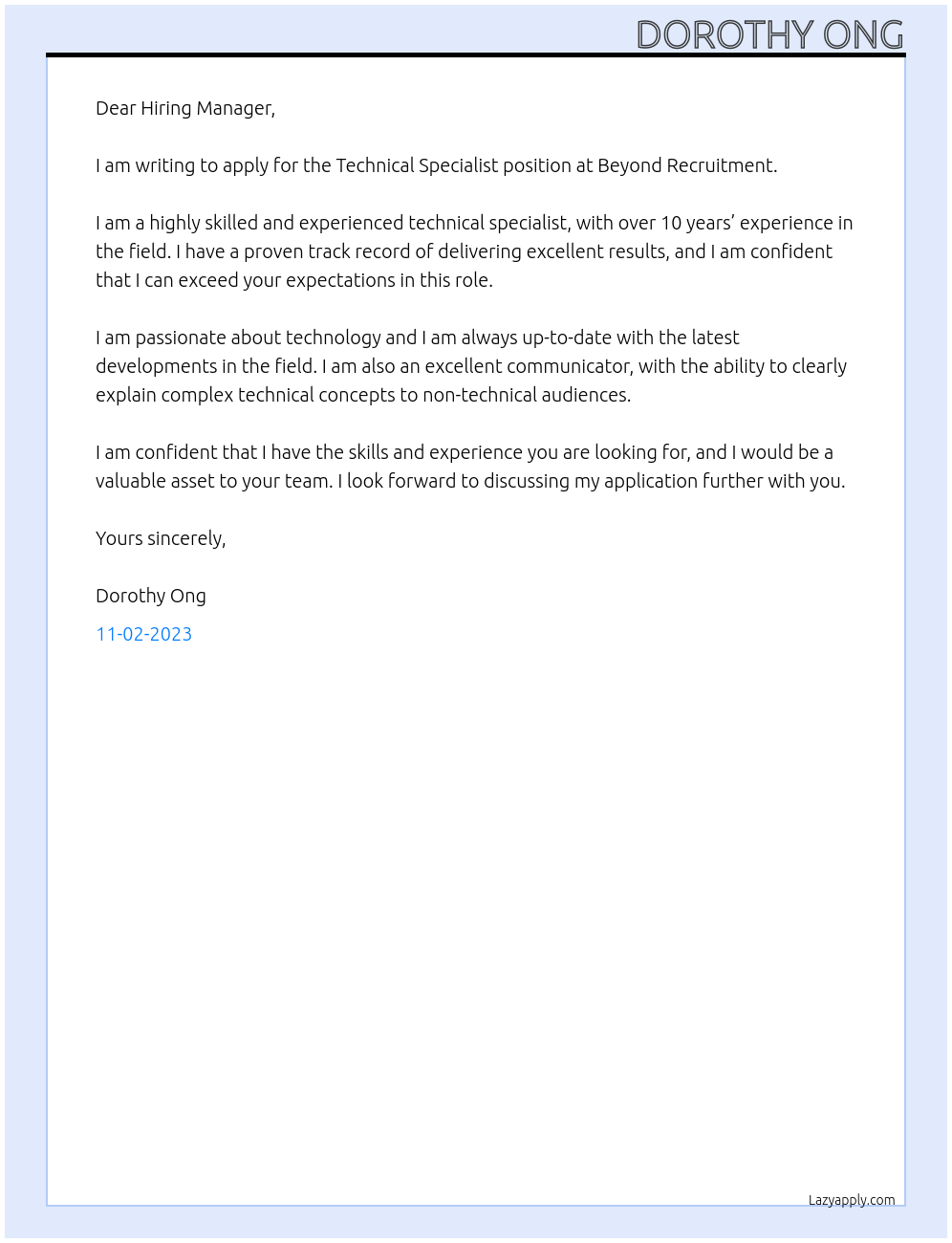 Technical Specialist At Beyond Recruitment Cover Letter