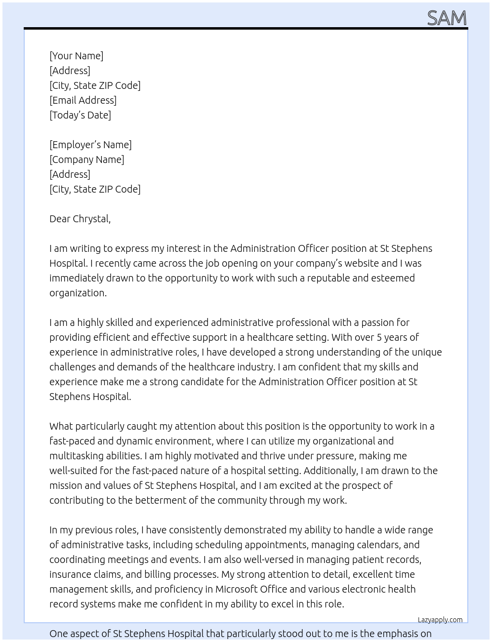 Administration Officer At St Stephens Hospital Cover Letter