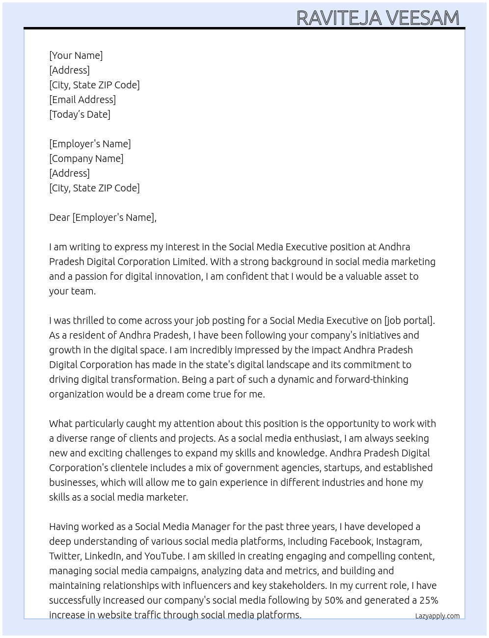 Social media executive At Andhra Pradesh Digital Corporation Cover Letter
