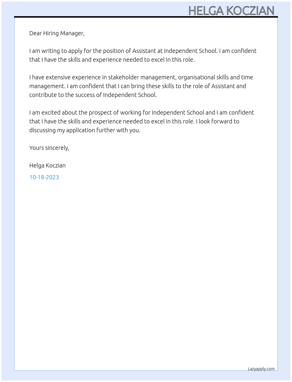 Assistant At Independent school  Cover Letter