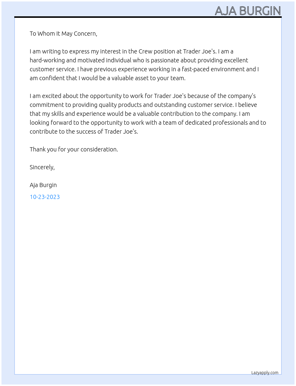 Crew At Trader Joe's Cover Letter