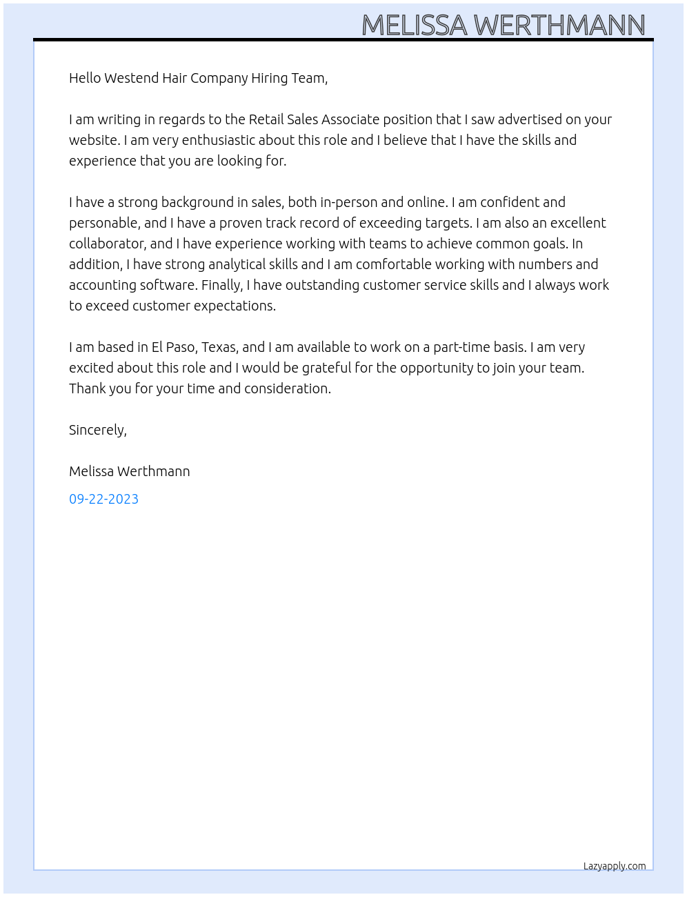 Retail Sales Associate  At Westend Hair Company Cover Letter