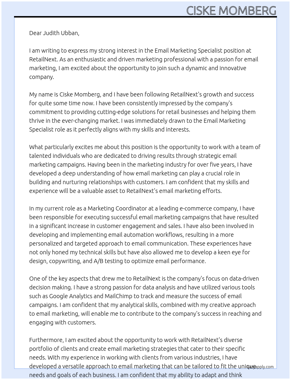 Email Marketing SPecialist At RetailNext Cover Letter