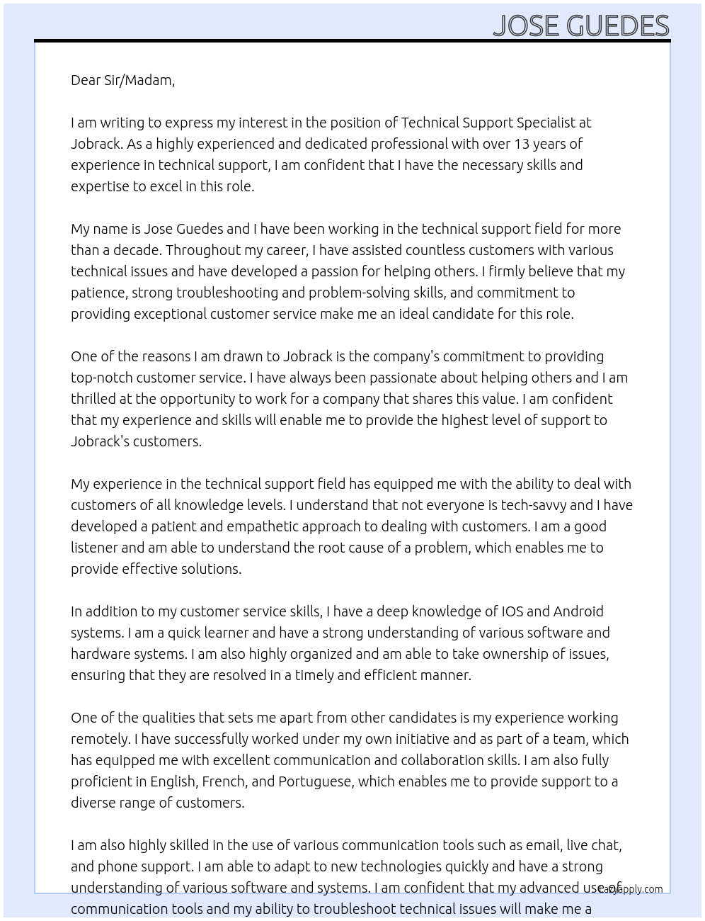 Technical Support Specialist At Jobrack Cover Letter