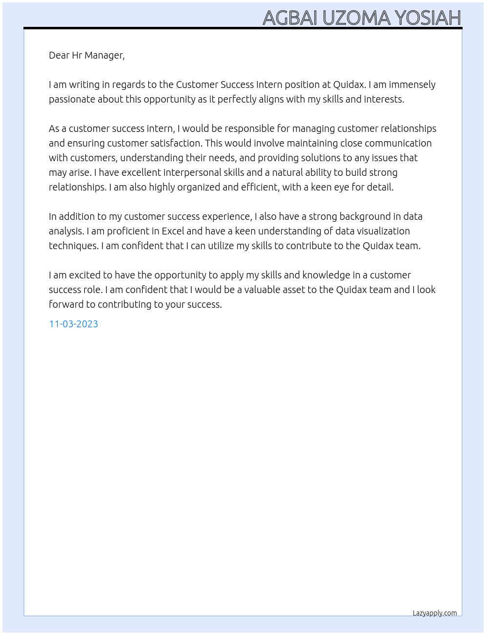 Customer Success Intern At Quidax Cover Letter