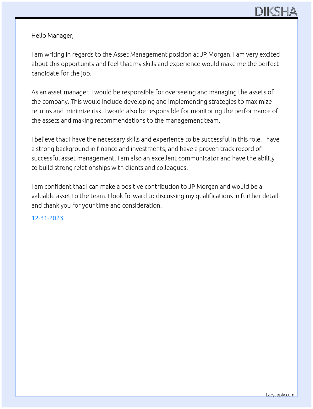 Asset Management At JP MORGAN Cover Letter
