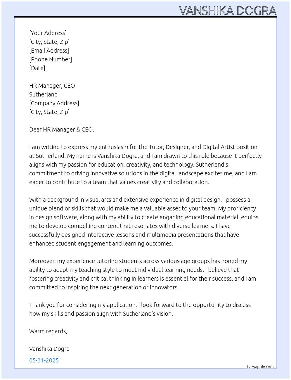 tutor and designer and digital artist At sutherland Cover Letter