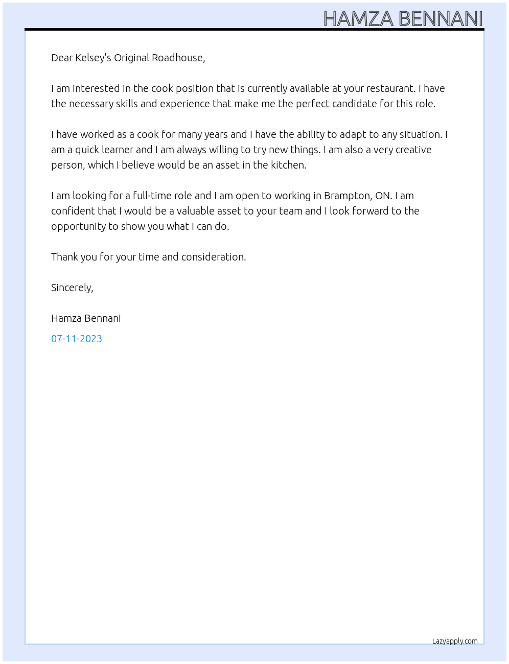 cook At Kelsey's Original Roadhouse Cover Letter