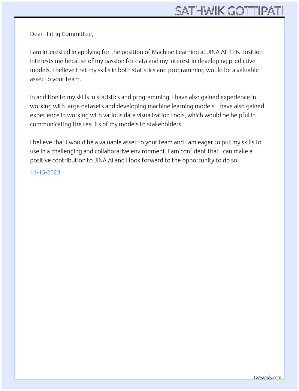 Machine learning At JINA AI  Cover Letter