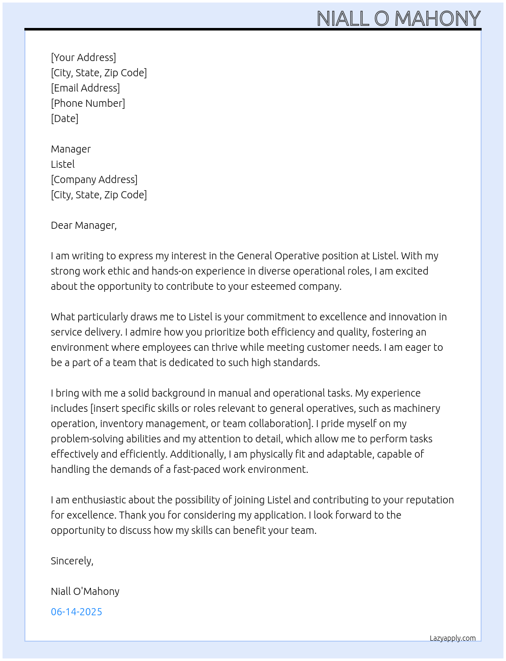 general operative At listel Cover Letter