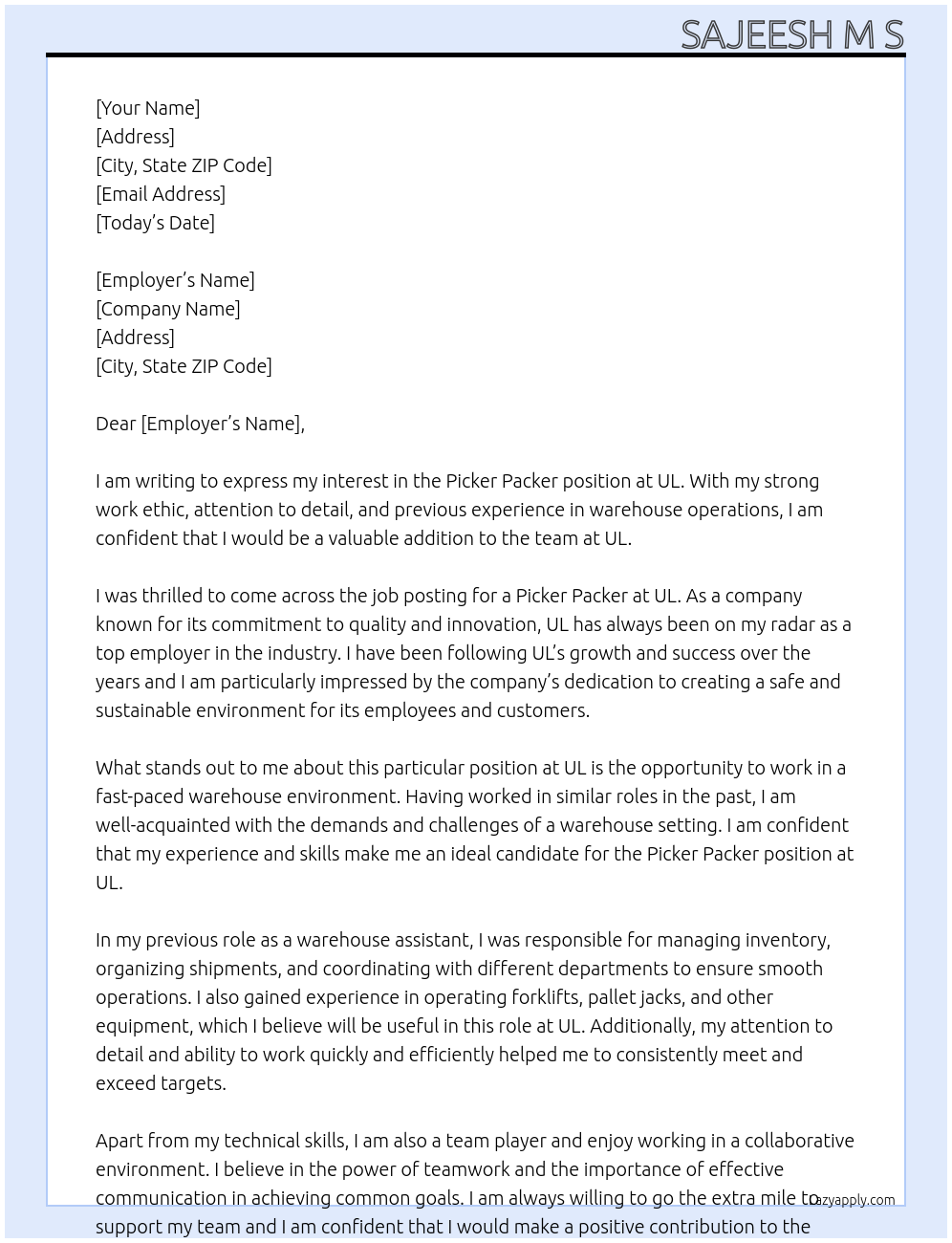 Picker packer At UL Cover Letter