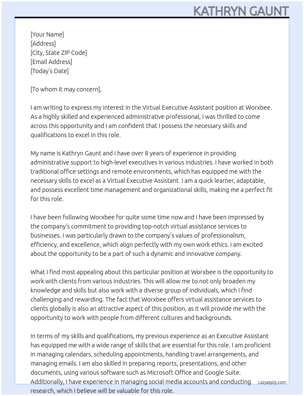 Virtual Executive Assistant At Worxbee Cover Letter