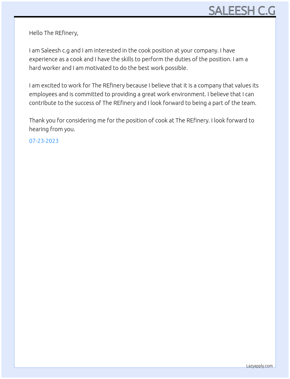 Cook At The REfinery Cover Letter