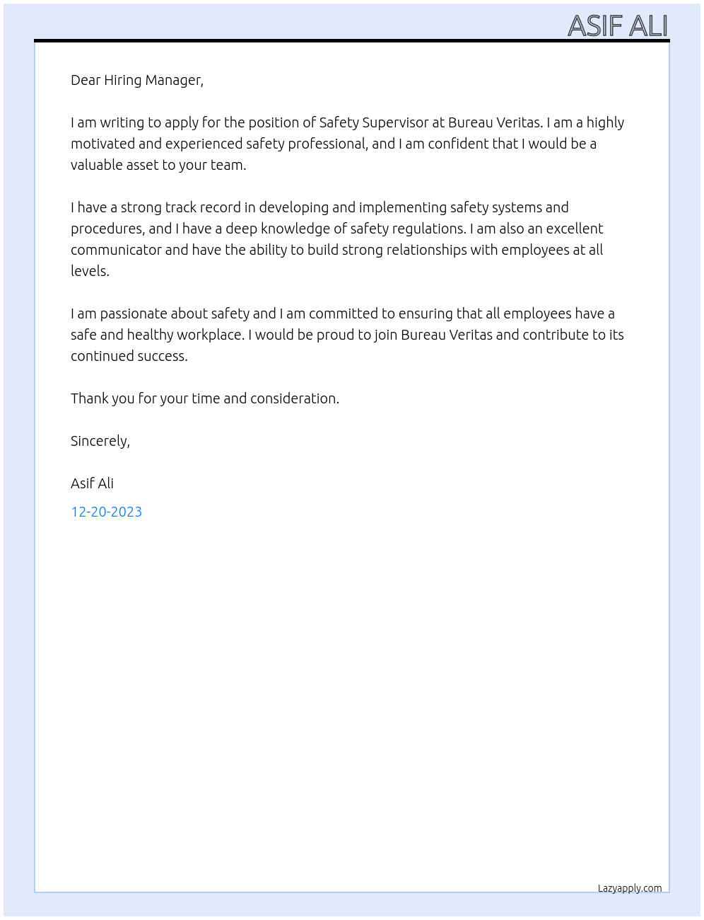 Safety Supervisor At Bureau veritas Cover Letter