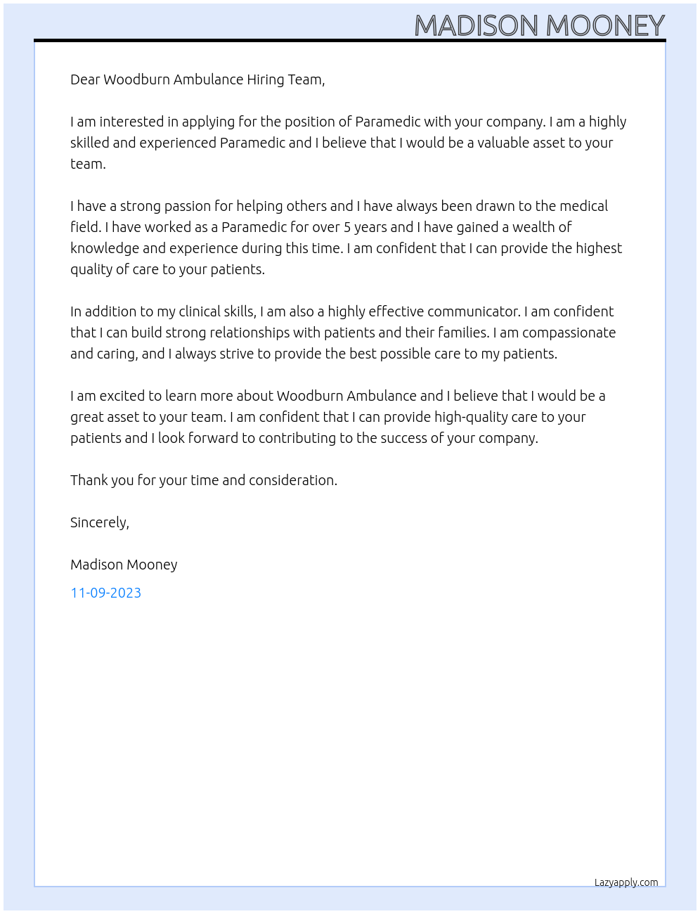 Paramedic At Woodburn Ambulance Cover Letter