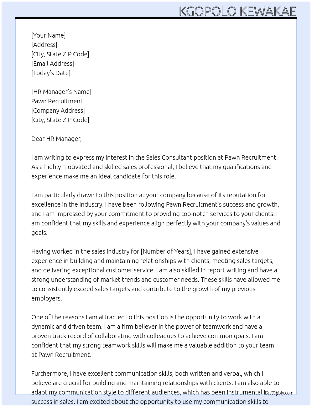 SALES CONSULTANT At Pawn Recruitment Cover Letter