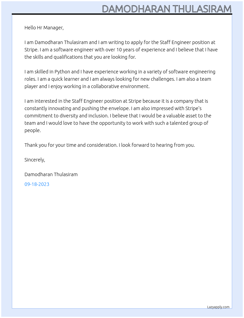 Staff Engineer At Stripe Cover Letter