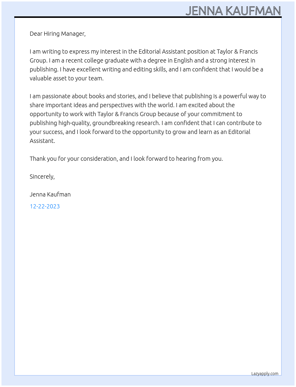 Editorial Assistant At Taylor & Francis Group Cover Letter