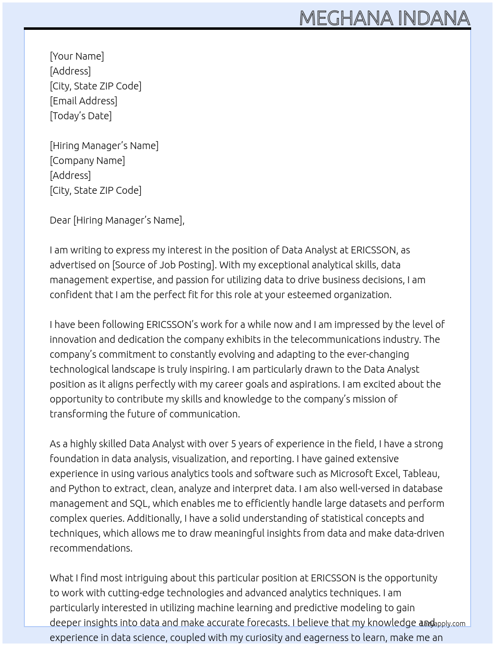 Data Analys At ERICSSON Cover Letter