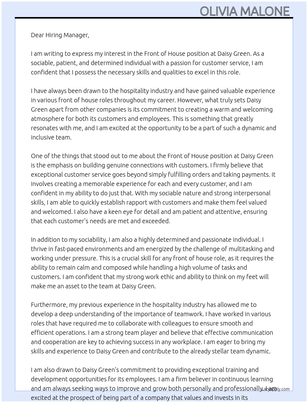 Front of House At Daisy Green Cover Letter