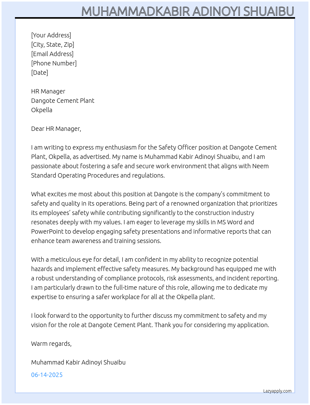 Safety Officer At Dangote Cement Plant, Okpella. Cover Letter