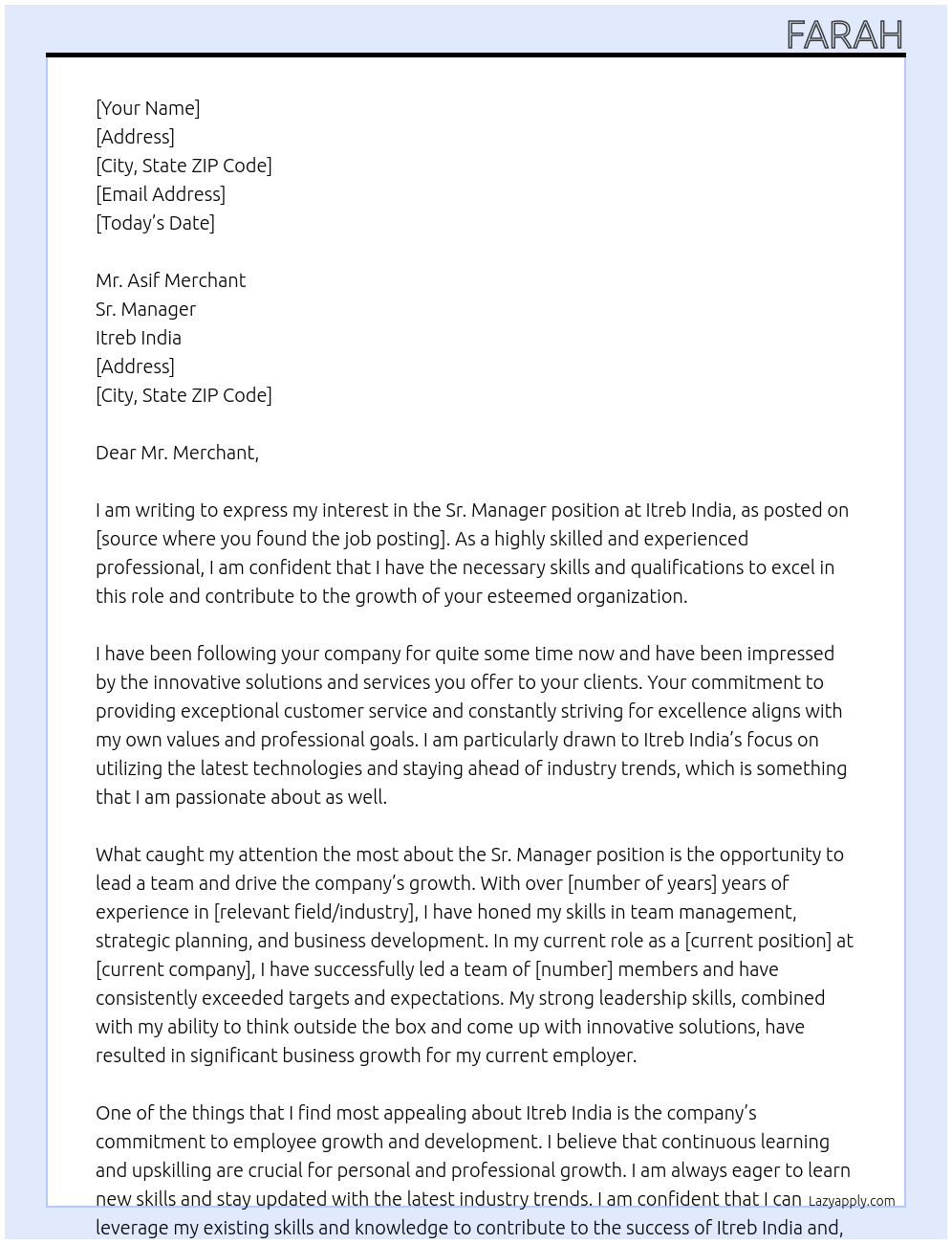 Sr Manager At Itreb India Cover Letter