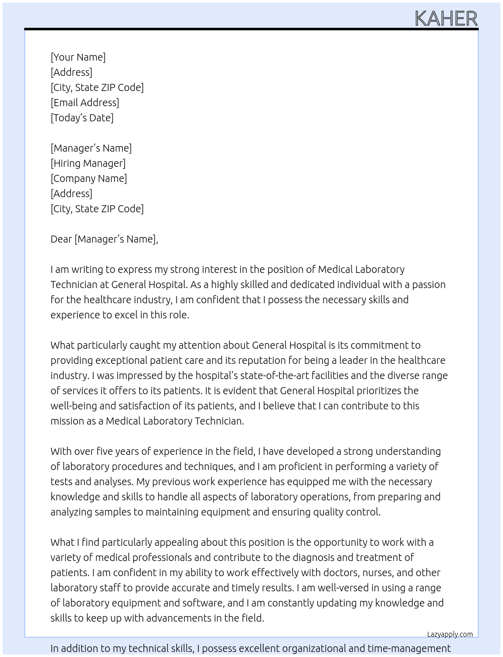 Medical laboratory technician At General hospital Cover Letter