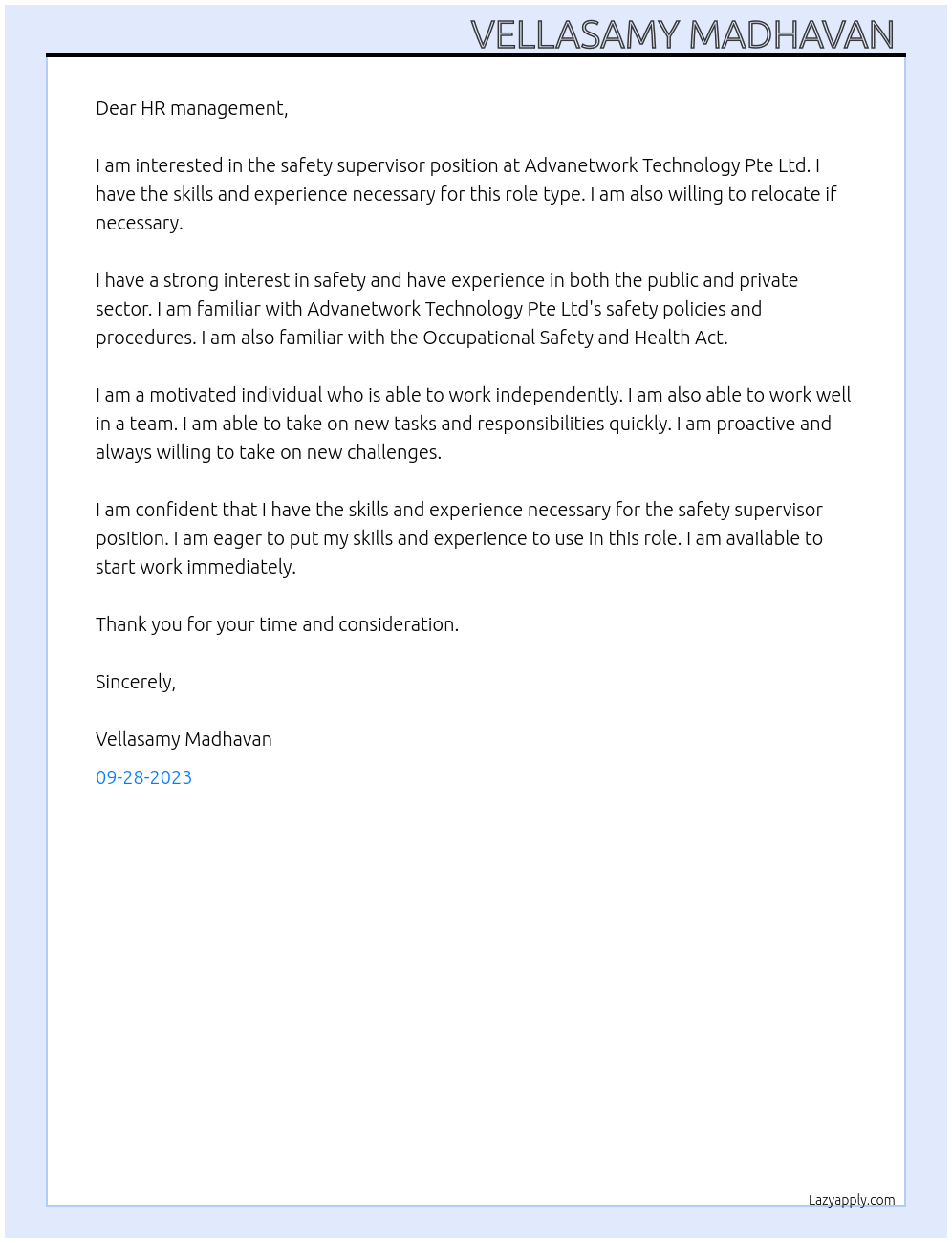 Safety supervisor  At Advanetwork Technology Pte Ltd Cover Letter