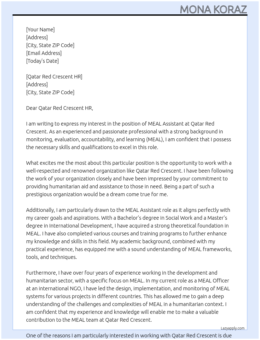 MEAL Assistant At Qatar Red Crescent Cover Letter