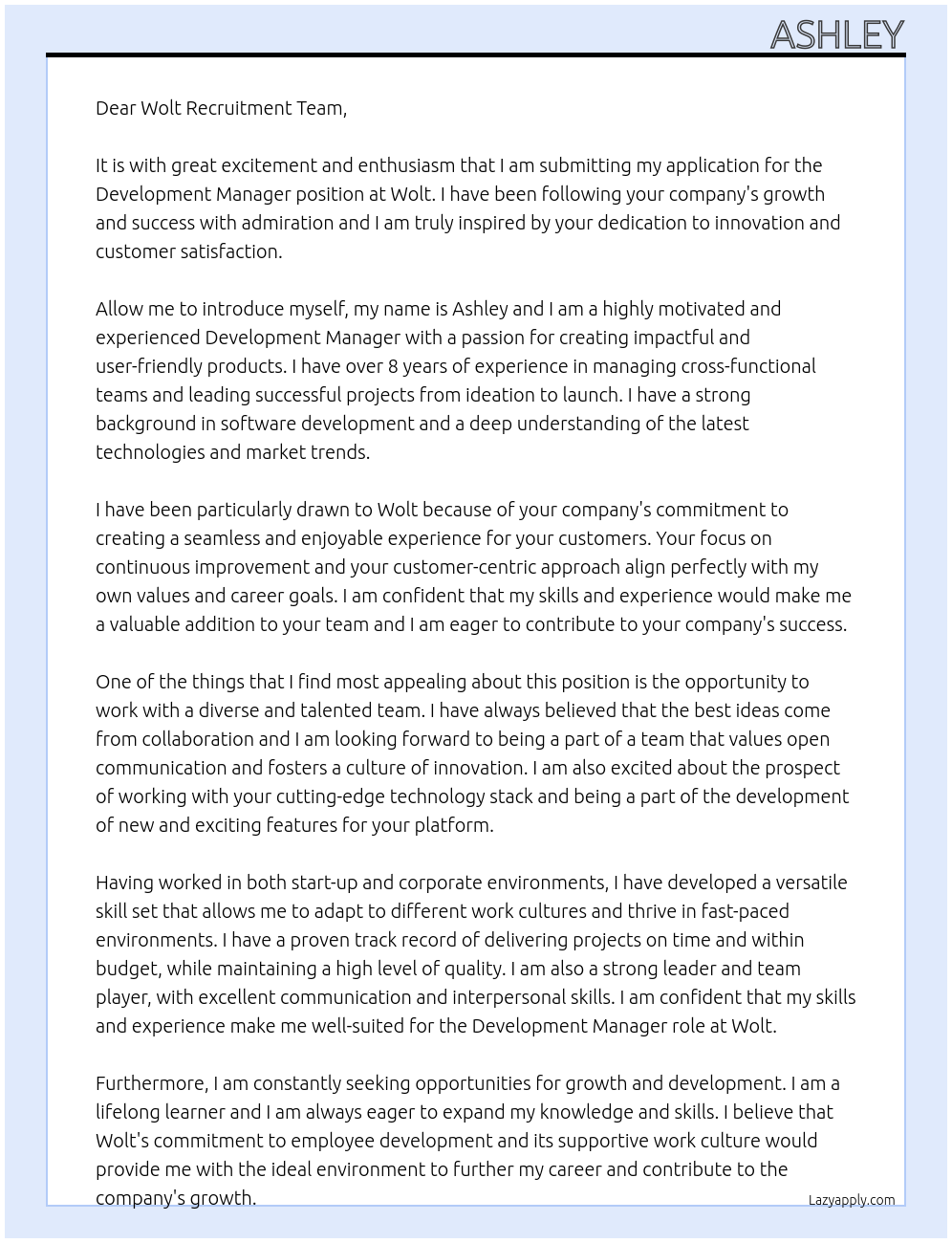 Development manager At Wolt Cover Letter