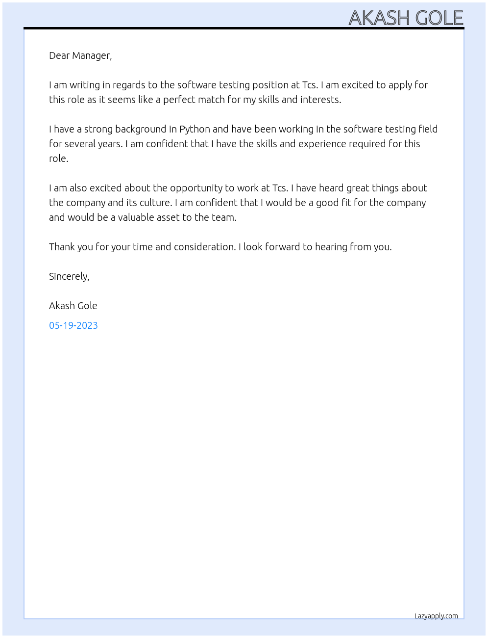 software testing At Tcs Cover Letter