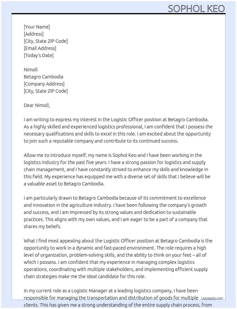 Logistic officer At BETAGRO CAMBODIA Cover Letter