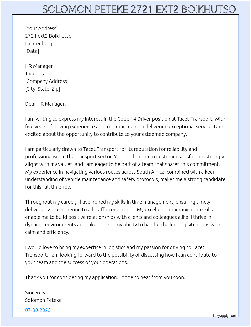 Cover letter for code 14 driver - LazyApply