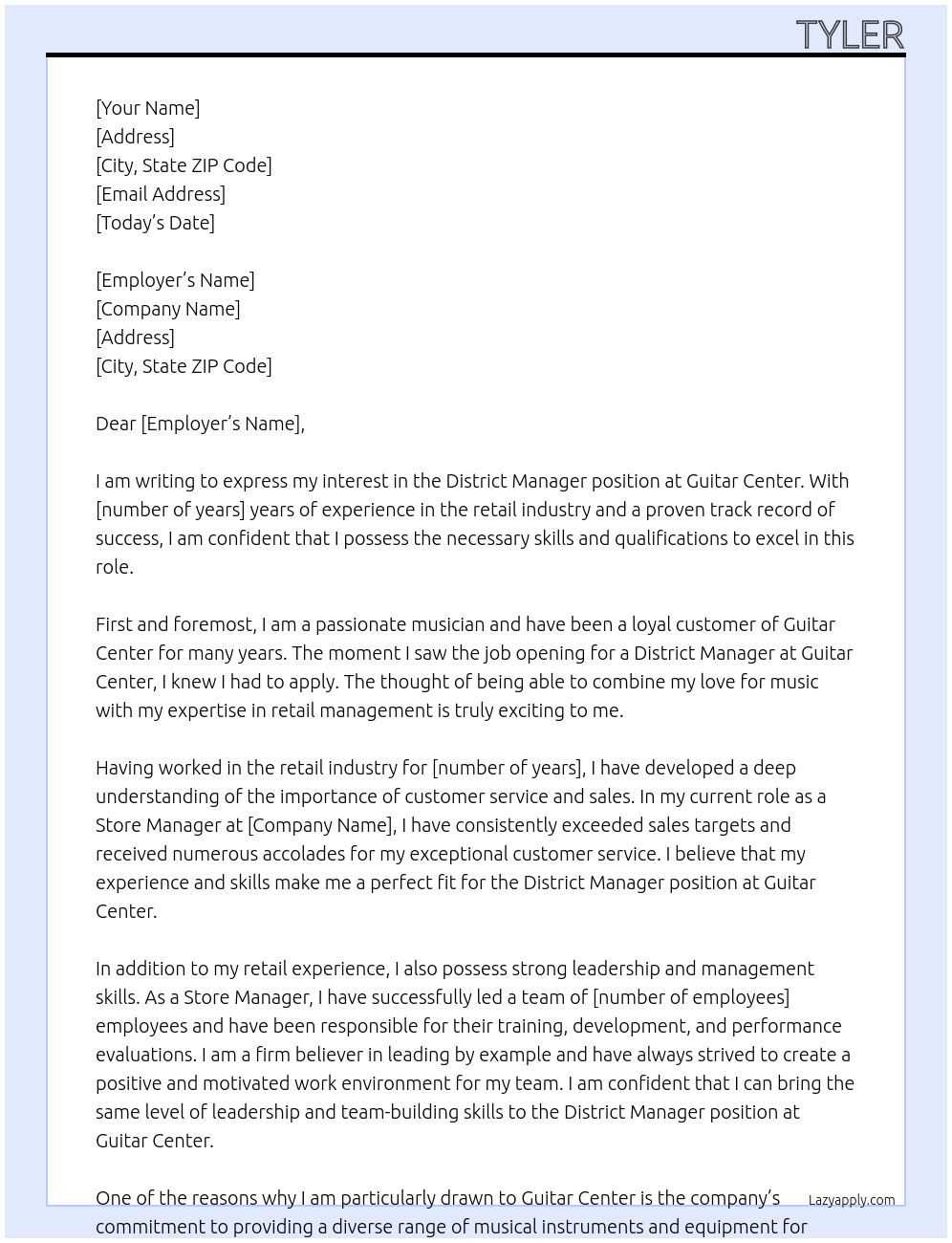 District manager At Guitar Center Cover Letter