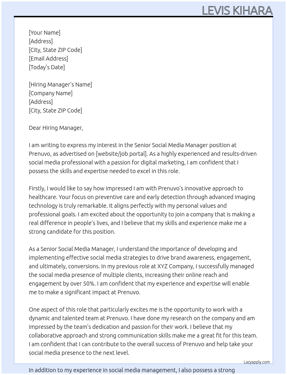Senior Social Media Manager At Prenuvo Cover Letter